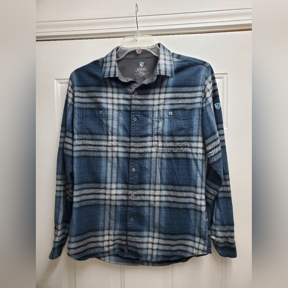 Kuhl Flannel Long Sleeve Button Shirt Mens Small Blue Plaid Hiking Outdoors
